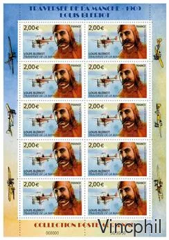 F 72 a ** Louis Blériot avec bord de feuille illustré feuillet de 10