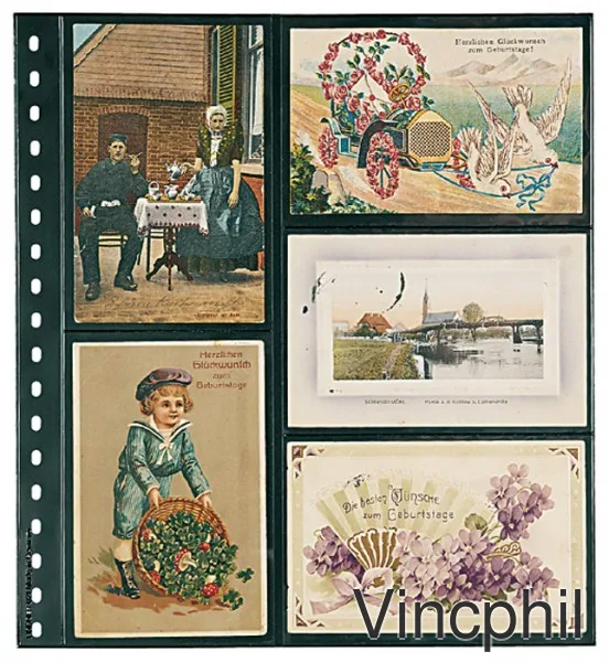 021P Omnia Stockbook pages with 5 pockets per page, for 10 old postcards or documents 95 x 143 mm, black - pack of 10