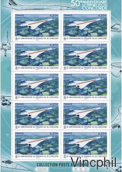 F 83 a ** Cinquantenaire du Premier vol de Concorde avec bord de feuille en feuillet de 10