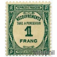 T n° 60 ** 1 franc Taxe à percevoir  bleu-vert
