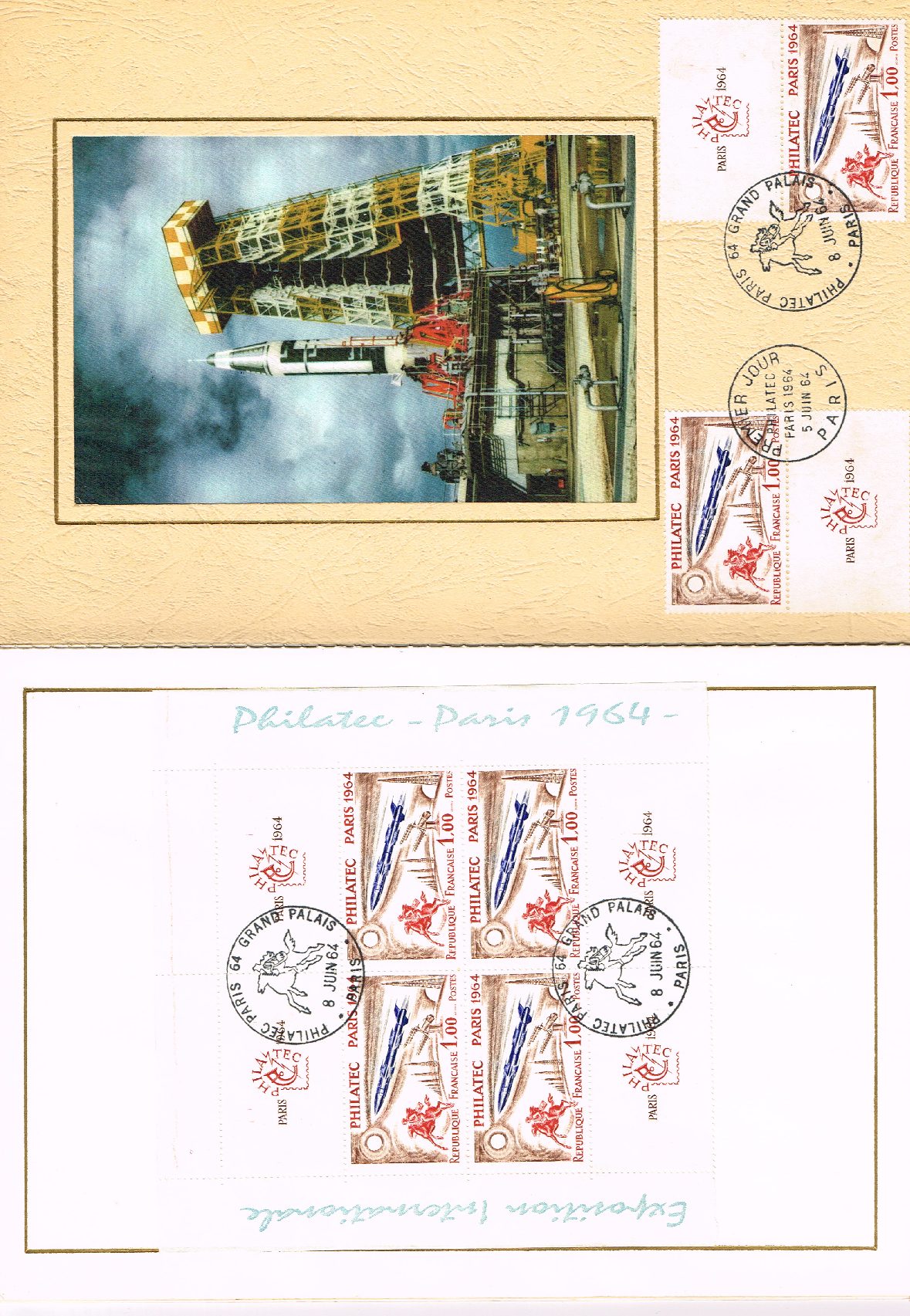 1422 Encart de Luxe Philatec 64 contenant 2 blocs de 4 plus 2 timbres  oblitérés premier jour et cachet illustré - Vincennes Philatélie