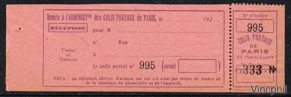 Colis postaux Paris pour Paris ** n° 121 (numéro Maury Spink)