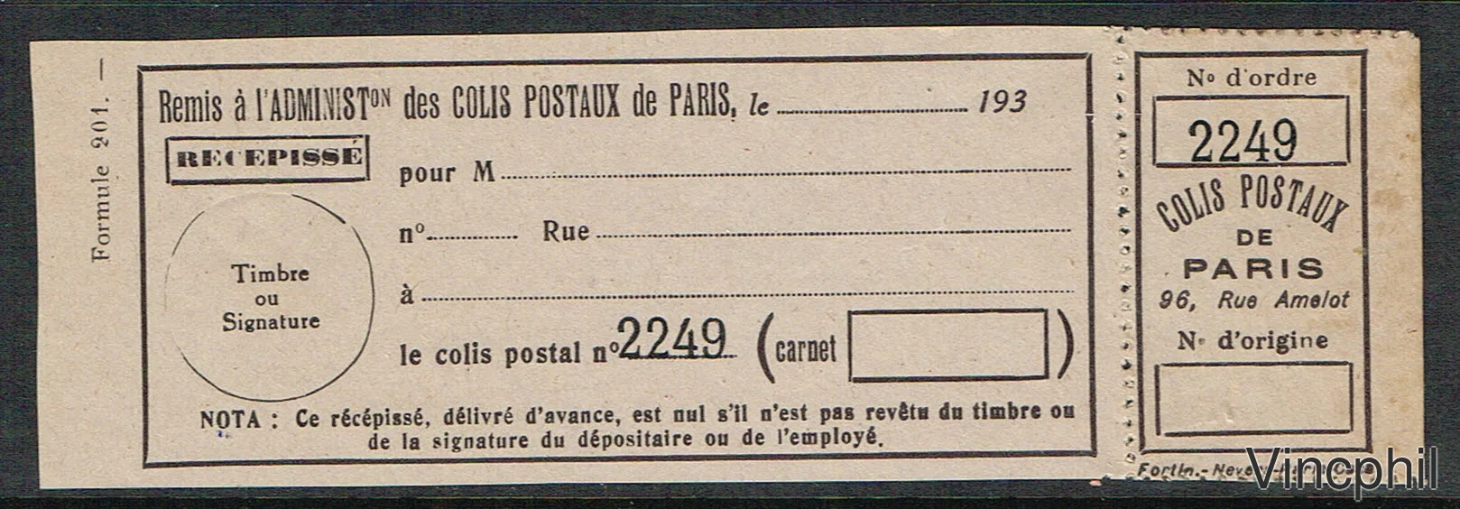Colis postaux Paris pour Paris ** n° 160 (numéro Maury Spink)