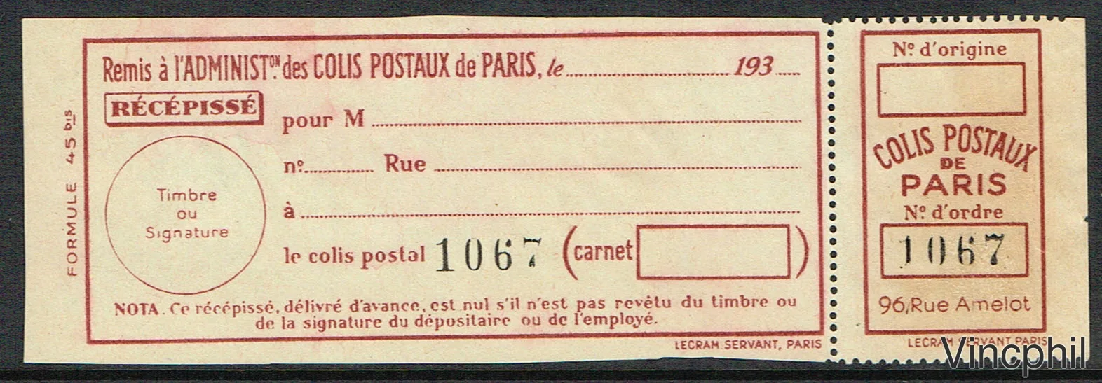 Colis postaux Paris pour Paris ** n° 162 (numéro Maury Spink)