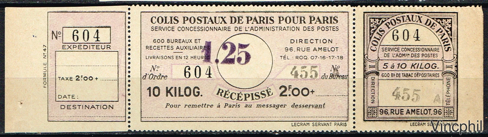 Colis postaux Paris pour Paris ** n° 190 (numéro Maury Spink)