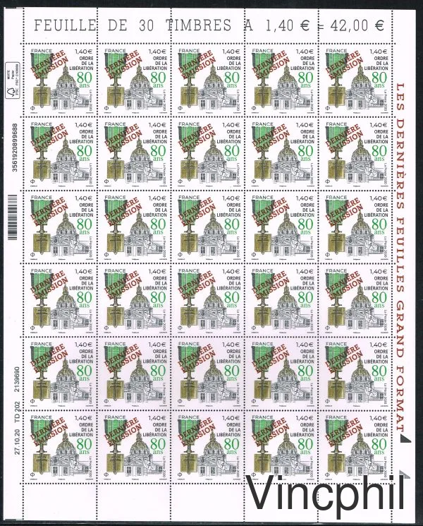 n° 5458 A ** Ordre de la Libération, feuille surchargé "dernière feuille grand format"