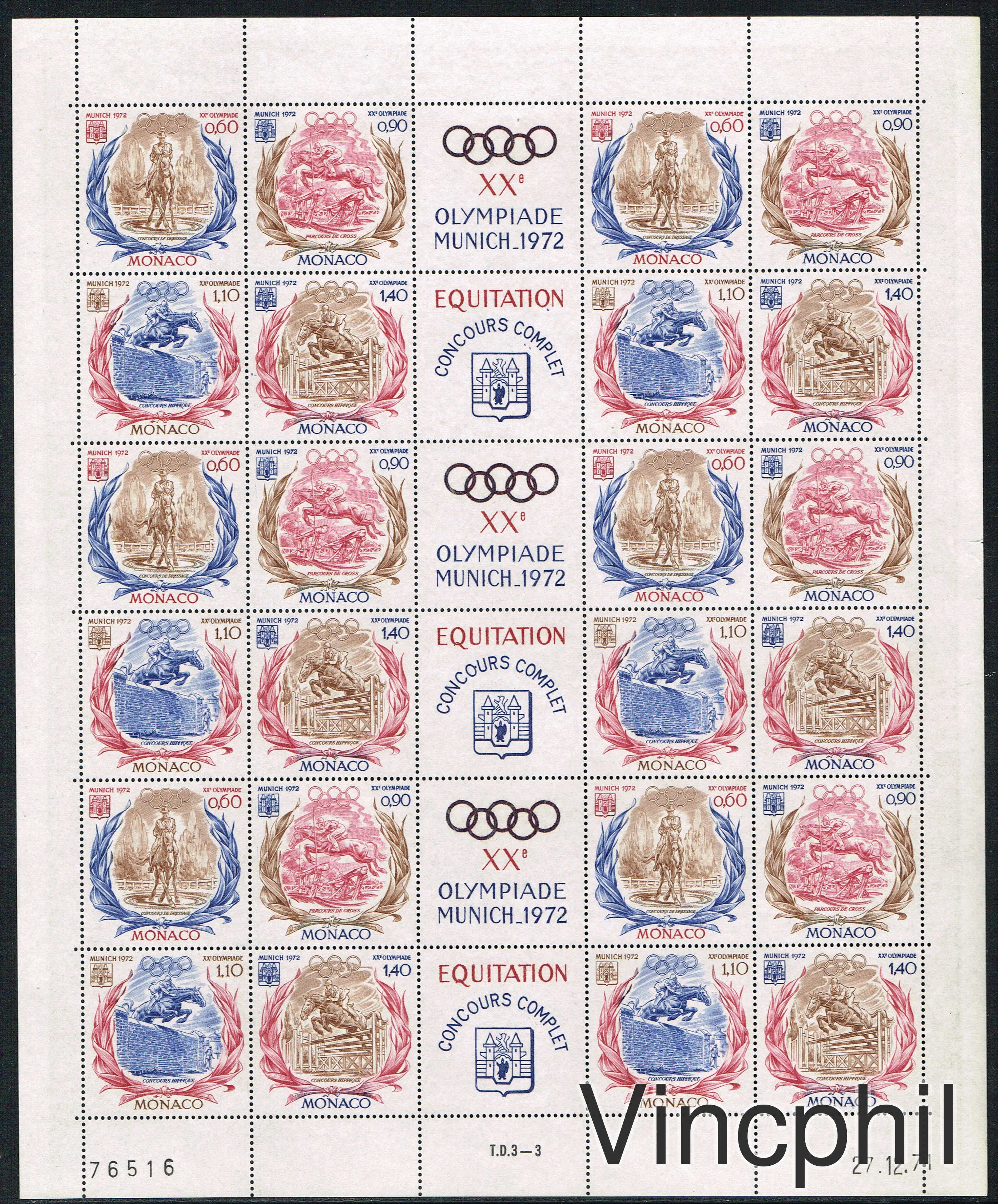 n° 890/893 ** Jeux Olympiques de Munich 1972 Feuille complète non pliée.
