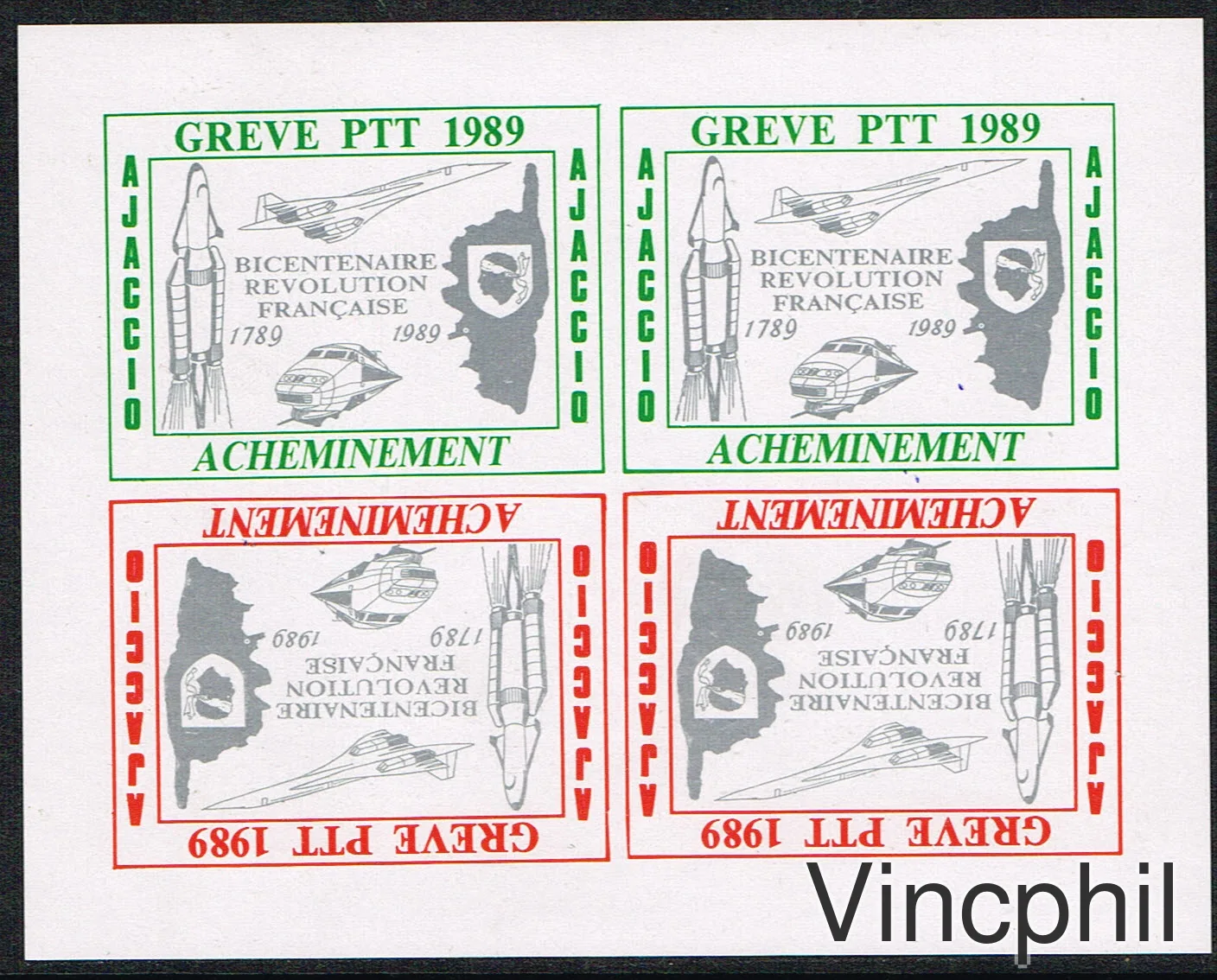 GREVE DES PTT 1989 ** AJACCIO  BLOC FEUILLET TETE BECHE