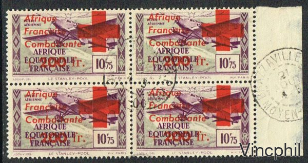 A.E.F. PA n° 29 Oblitéré Bloc de quatre France libre surchargé CROIX ROUGE Signé Calves