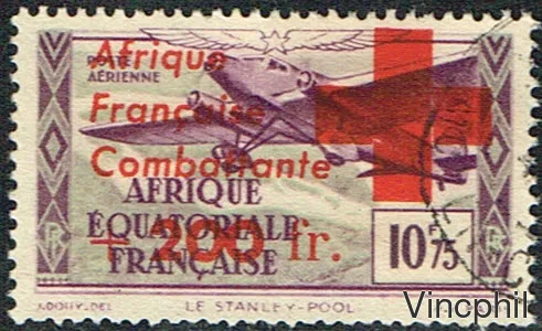 A.E.F. PA n° 29 Oblitéré France libre surchargé CROIX ROUGE Signé Calves