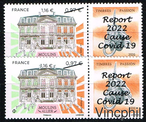 Timbre de Moulins surchargé ** surcharge décalée hors de la valeurs + normal
