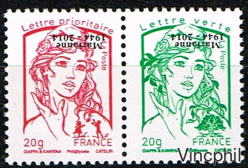 Timbre rouge et vert se tenant de la feuille 4774 Ba surcharge renversée ** Signé Calves certificat possible