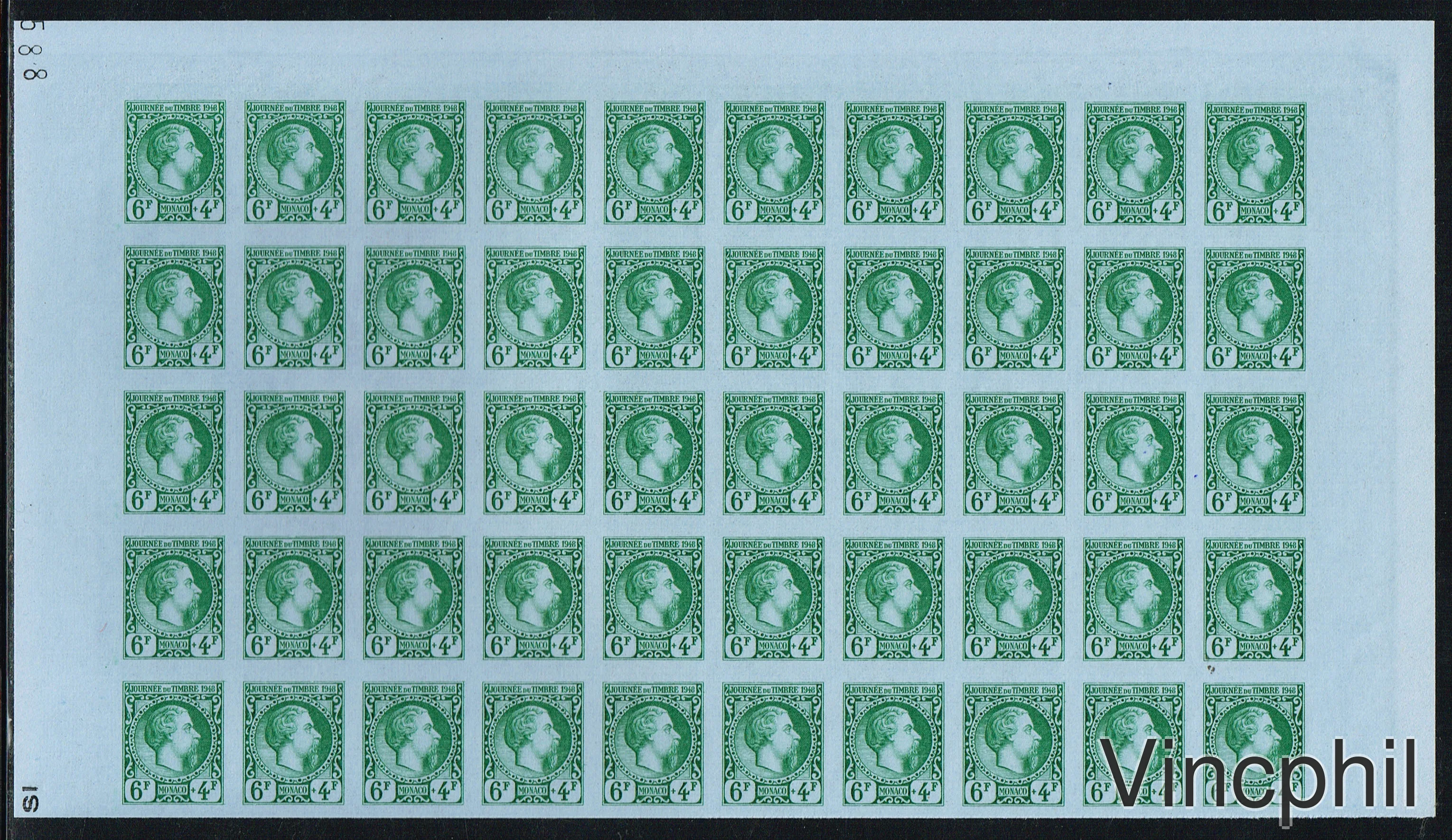 301 a ** Journée du Timbre Effigie de Charles III, feuille de 50 timbres non dentelée