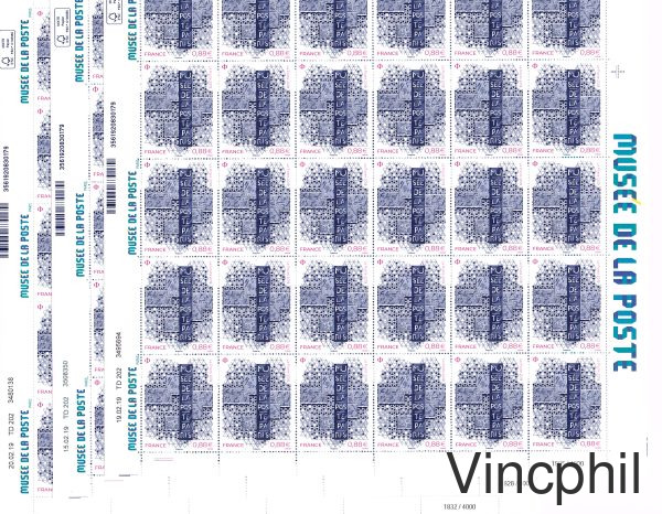 Ouverture du Musée de La Poste feuilles de 30 timbres avec coins datés trois dates différentes, 15, 19 et 20 février 2019 et bordure imprimée Musée de la poste