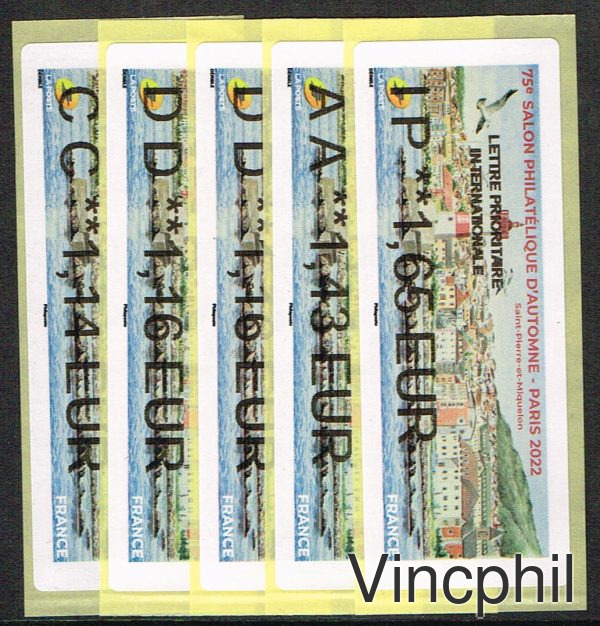11/2022 SAINT PIERRE ET MIQUELON  NABANCO 5 valeurs  ECOPLI 1.14, LETTRE  VERTE 1.16, COMPLEMENT AFFRANCHISSEMENT LETTRE VERTE 1.16, PRIORITAIRE 1.43, INTERNATIONAL 1.65