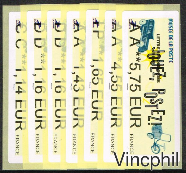12/2022 MUSEE DE LA POSTE 7 valeurs ECOPLI 1.14, LETTRE VERTE 1.16, COMPLEMENT AFFRANCHISSEMENT LETTRE VERTE 1.16, PRIORITAIRE 1.43, INTERNATIONAL 1.1.65, LR1 4.55, LR1 AR 5.75