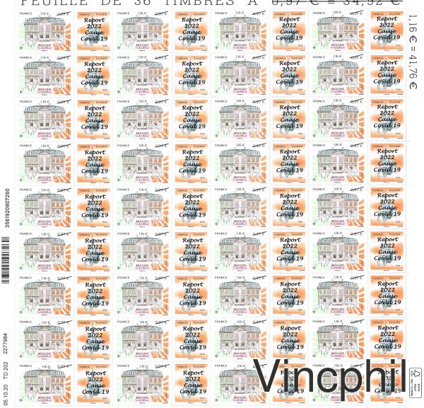 5437 A ** MOULINS ** Feuille Timbres surchargé 1.16 et annulation à cause de la Covid