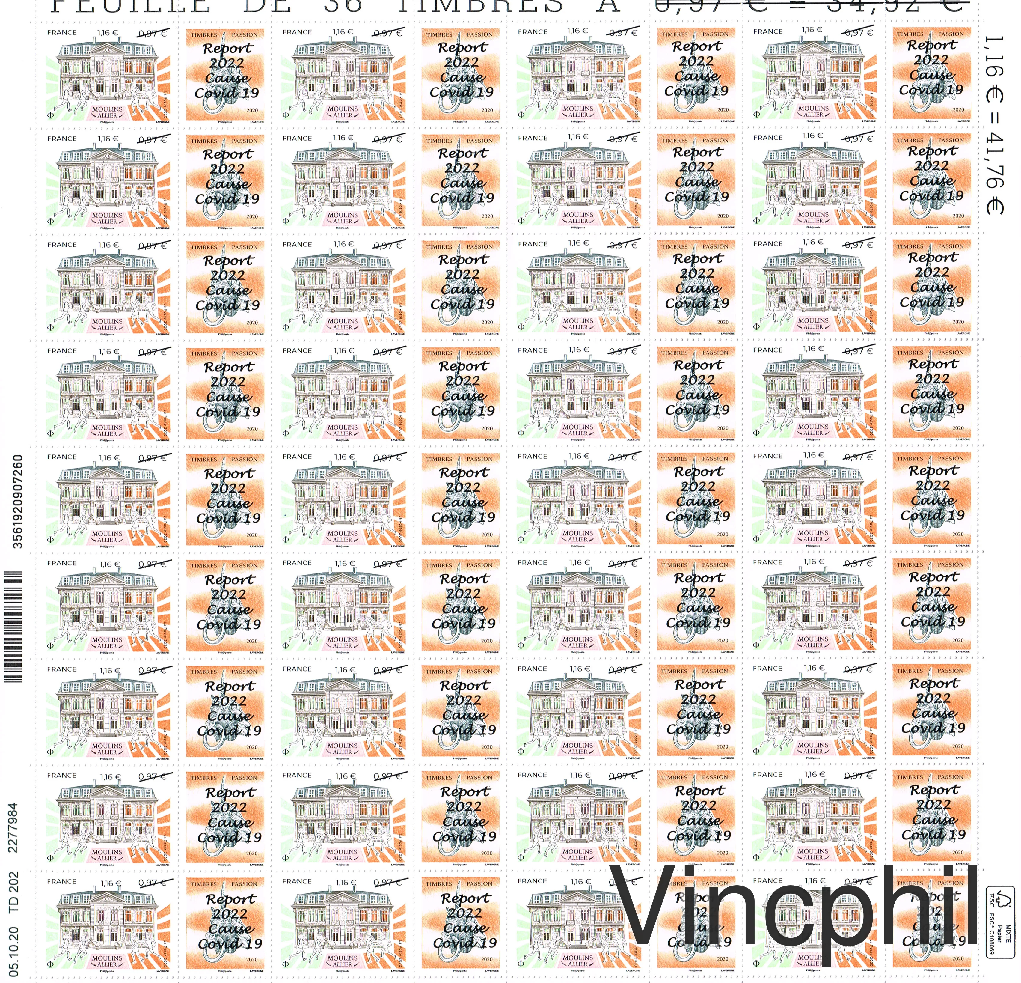 5437 A ** MOULINS ** Feuille Timbres surchargé 1.16 et annulation à cause de la Covid