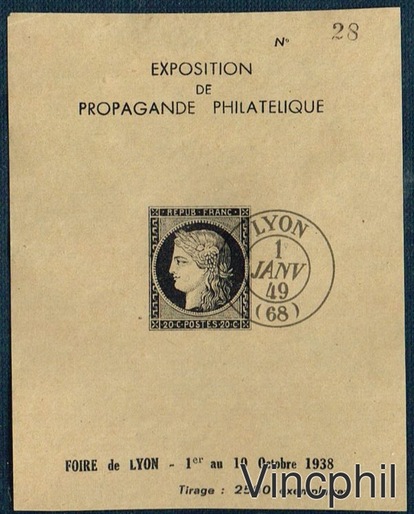 Exposition de Propagande Philatélique Lyon 1938 sans gomme sur papier jaune