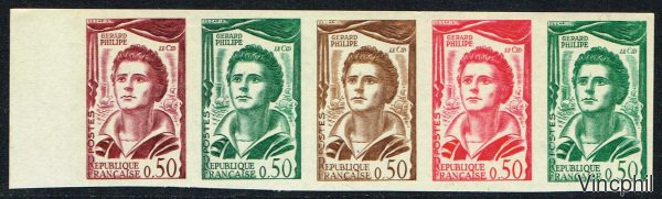 1305 ** Gérard Philippe Essai de couleurs  en bande de 5