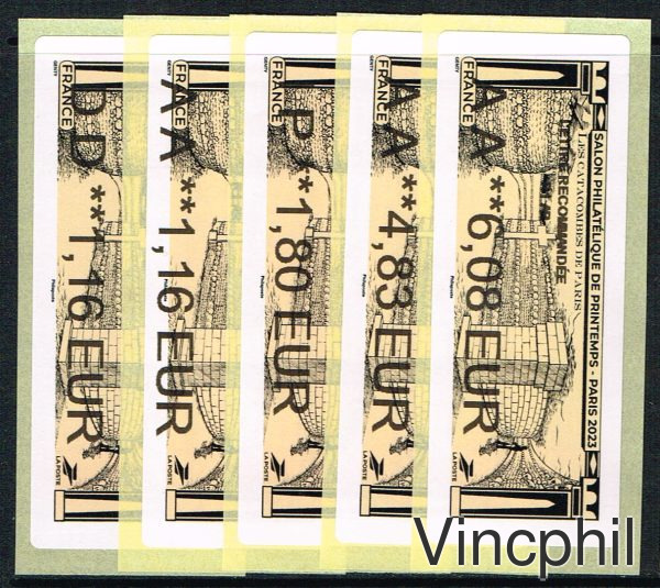 03/2023 LES CATACOMBES NABANCO 5 valeurs LETTRE VERTE 1.16, COMPLEMENT AFFRANCHISSEMENT LETTRE VERTE 1.16, INTERNATIONAL 1.80, 4.83LR1, 6.08 LRAR