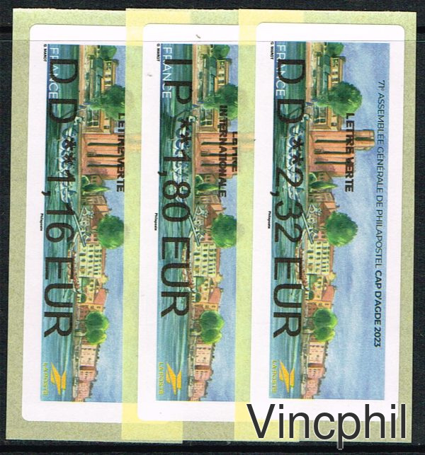 03/2023 PHILAPOSTEL AGDE NABANCO 3 valeurs LETTRE VERTE 1.16, INTERNATIONAL 1.80, 2.32 LETTRE VERTE ENTRE 20 ET 100 GRAMMES