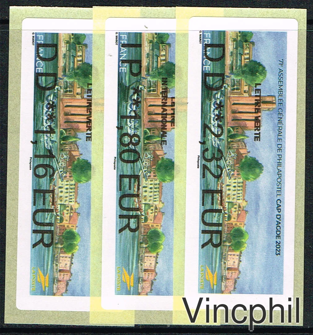 03/2023 PHILAPOSTEL AGDE NABANCO 3 valeurs LETTRE VERTE 1.16, INTERNATIONAL 1.80, 2.32 LETTRE VERTE ENTRE 20 ET 100 GRAMMES
