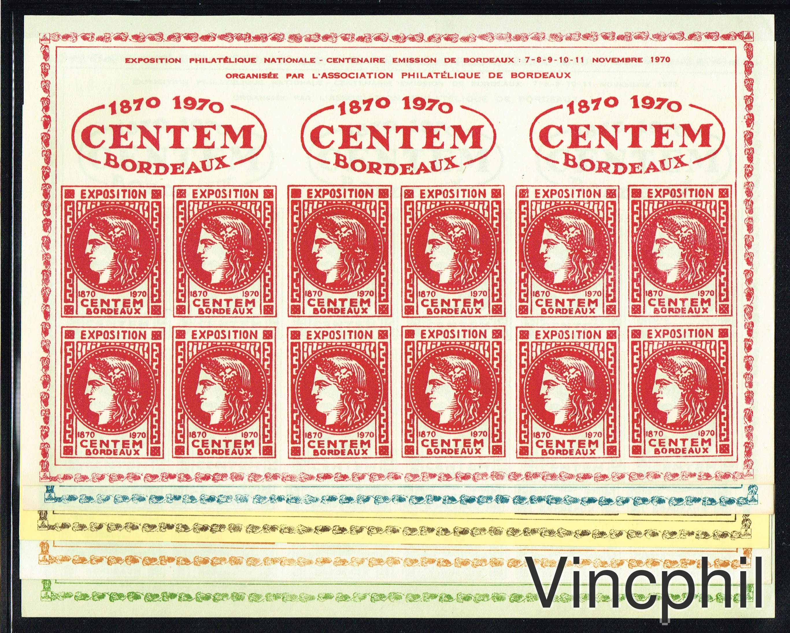 Vignettes du Centenaire de l'Emission de Bordeaux 1870/1970 5 feuillets de 12 timbres de couleurs différentes