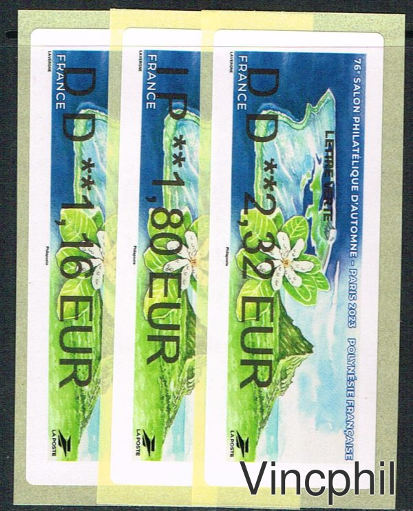 11/2023 Salon Philatélique d'Automne 2023 POLYNESIE   3 valeurs   LETTRE VERTE 1.16, INTERNATIONAL 1.80, LETTRE VERTE 100 gr 2.32 Impression Nabanco