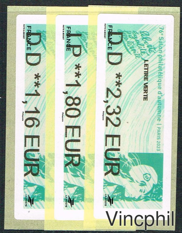 11/2023 Marianne de l'Avenir 3 valeurs LETTRE VERTE 1.16, INTERNATIONAL 1.80, LETTRE VERTE 100 gr 2.32 Impression Nabanco