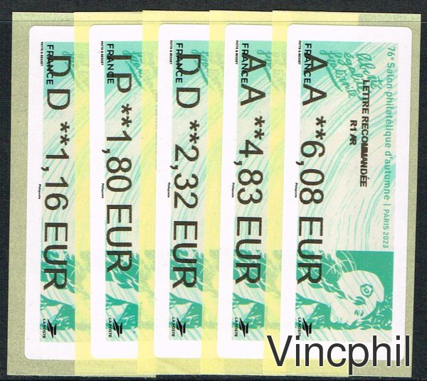 11/2023 Marianne de l'Avenir   5 valeurs   LETTRE VERTE 1.16, INTERNATIONAL 1.80, LETTRE VERTE 100 gr 2.32, LR 1 4.83, LR1 AR 6.08