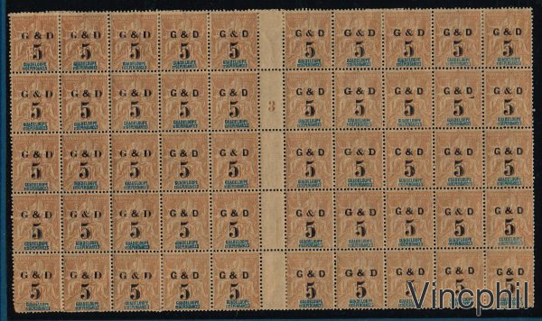 Guadeloupe surchargés G & D n° 47 5 c/30 c **/* avec les variétés de chiffres et lettres inclus la galerie les  photos du verso, du planchage positionnant les variétés et indiquant la qualité des timbres en fonction de leur place, ainsi que la liste des timbres types et variétés. Les charnières parfois fortes consolident le panneau, 2 timbres sont défectueux.