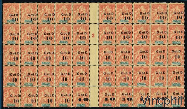 Guadeloupe surchargés G & D n° 47 10 c/40 c **/* avec les variétés de chiffres et lettres inclus la galerie les photos du verso, du planchage positionnant les variétés et indiquant la qualité des timbres en fonction de leur place, ainsi que la liste des timbres types et variétés. Les charnières parfois fortes consolident le panneau, 2 timbres sont défectueux.
