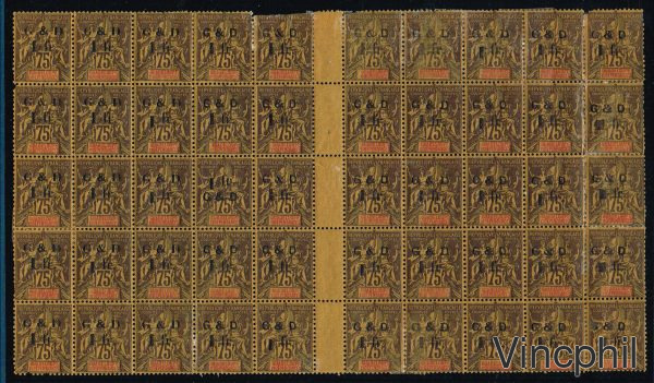 Guadeloupe surchargés G & D n° 49 1fr/75 c **/* avec les variétés de chiffres et lettres inclus la galerie les photos du verso, du planchage positionnant les variétés et indiquant la qualité des timbres en fonction de leur place, ainsi que la liste des timbres types et variétés. Les charnières parfois fortes consolident le panneau, 6 timbres sont défectueux. Le millésime 3 est imperceptible.