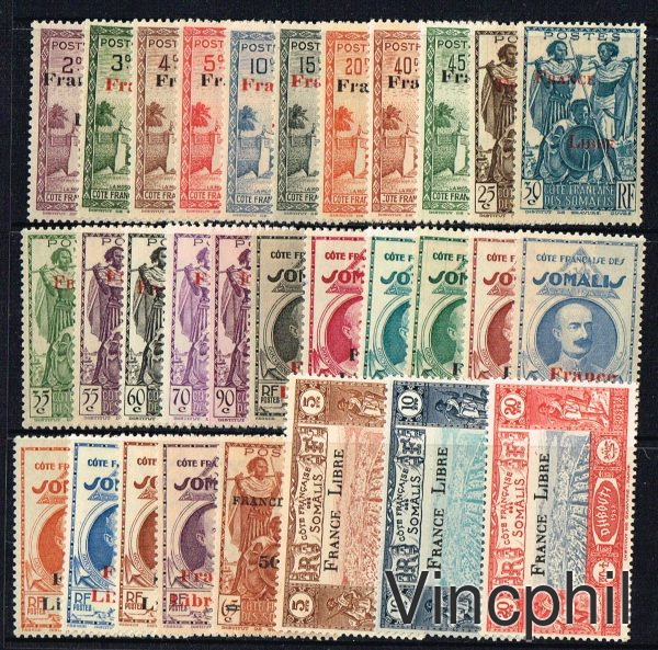COTE DES SOMALIS n° 204/233 * Timbres de 1938 surchargés France Libre Charnières très propres