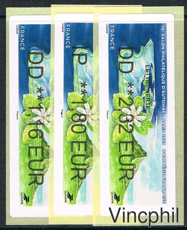11/2023 Salon Philatélique d'Automne 2023 POLYNESIE 3 valeurs LETTRE VERTE 1.16, INTERNATIONAL 1.80, LETTRE VERTE 100 gr 2.32 Impression Brother