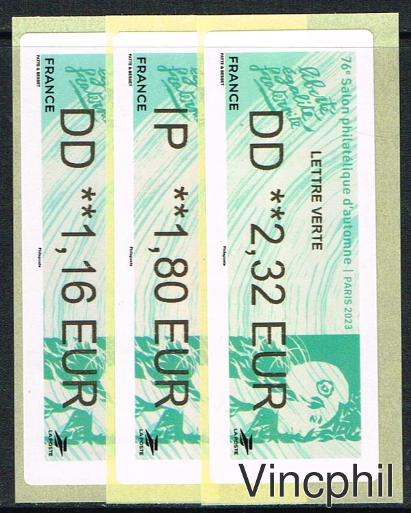 11/2023 Marianne de l'Avenir  3 valeurs   LETTRE VERTE 1.16, INTERNATIONAL 1.80, LETTRE VERTE 100 gr 2.32 Impression Brother