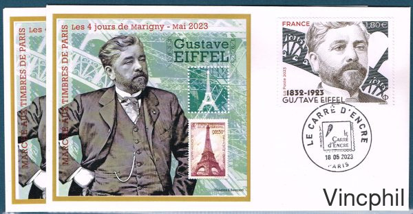 MT 35  ** 100 ème  ANNIVERSAIRE DE LA MORT de Gustave EIFFEL  2023  2 BLOCS F.D.C.  1 dentelé et 1 non dentelé