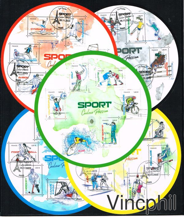 Etui BLOCS SPORTS **/O , les 4 premiers blocs sont oblitérés , le cinquième neuf.