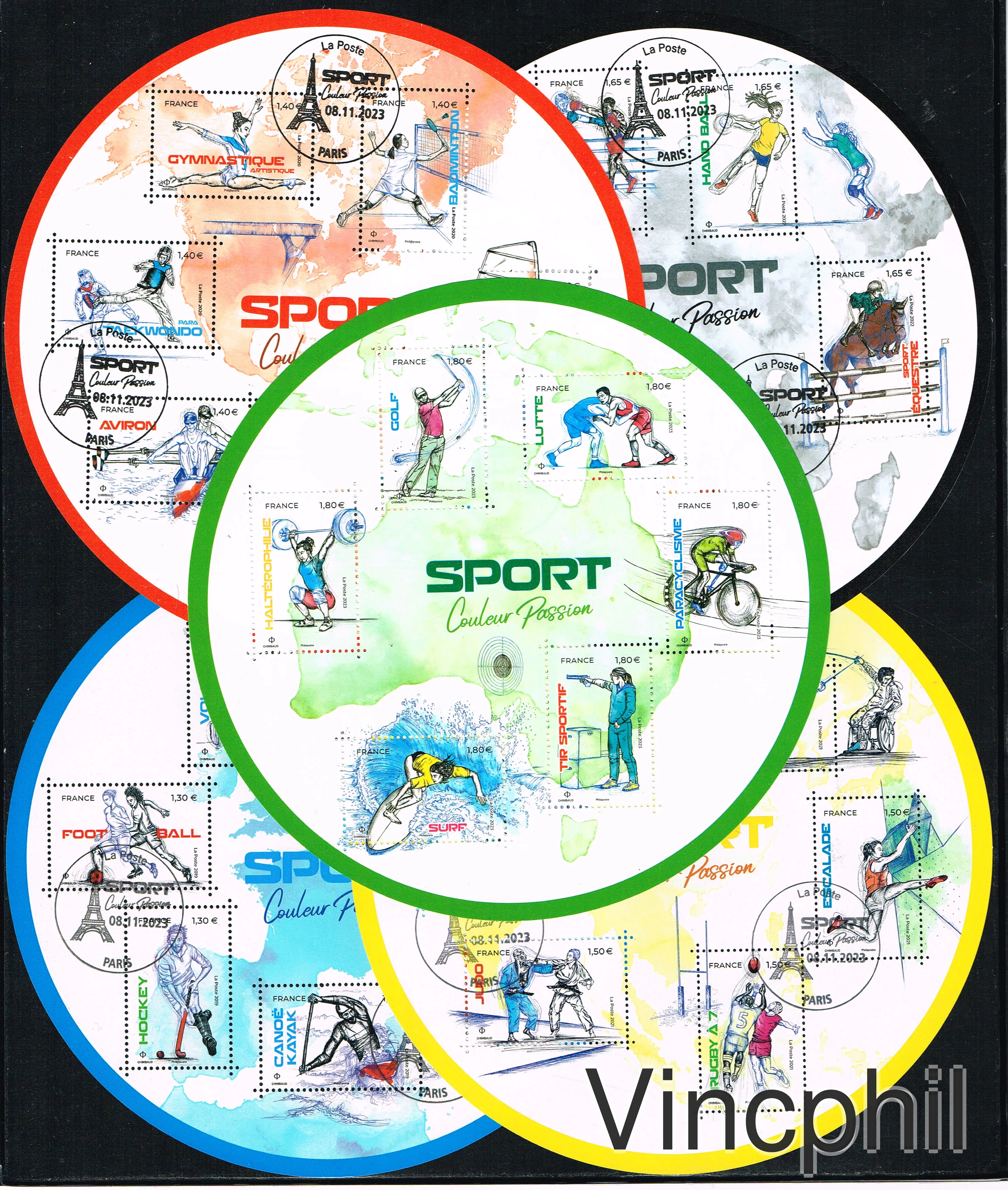 Etui BLOCS SPORTS **/O , les 4 premiers blocs sont oblitérés , le cinquième neuf.