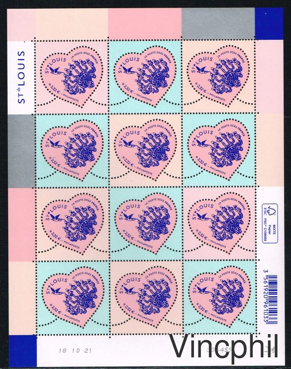T 5553 ** Coeurs de Saint Louis 3 couleurs de fond différentes, feuille de 4 bandes