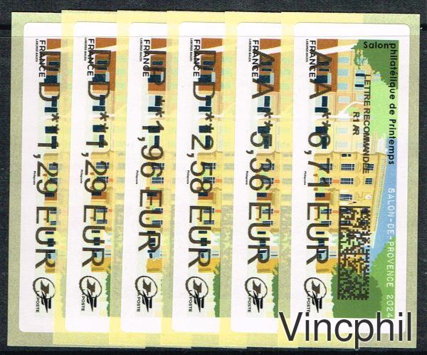 04/2024 SALON DE PROVENCE 5 valeurs AVEC datamatrix LETTRE VERTE 1.29, COMPL AFFRANC LETTRE EVRTE 1.29, INTERNATIONAL 1.96, LETTRE VERTE 100 gr 2.58, LR 1 5.36, LR1 AR 6.71.