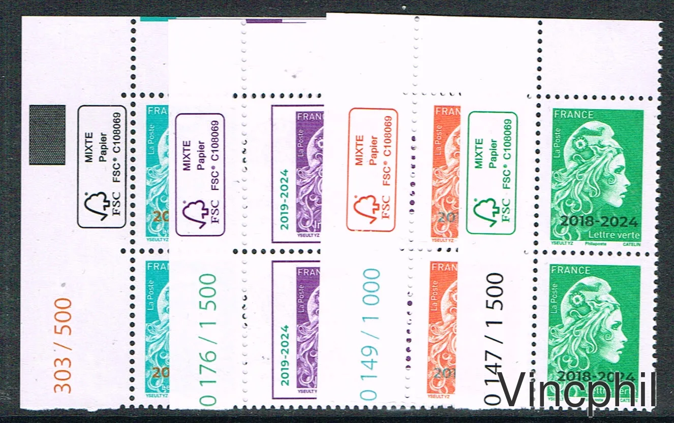 5759/5762 **Marianne l'Engagée YZ timbres surchargés paire haut de feuille droit avec numéro du premier tirage du LSP inférieur à 500