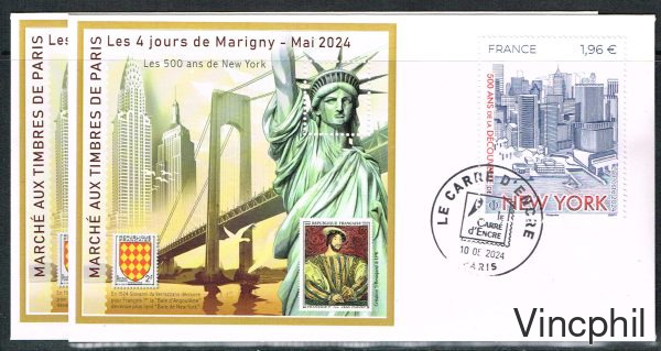 MT 36  ** 500 ème  ANNIVERSAIRE DE LA DECOUVERTE DE NEW-YORK  2024  2 BLOCS sur enveloppe F.D.C.  1 dentelé et 1 non dentelé