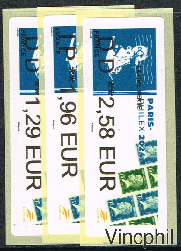 05/2024 PARIS PHILEX PASTEUR 3 valeurs LETTRE VERTE 1.29, INTERNATIONAL 1.96, LETTRE VERTE 100 gr 2.58