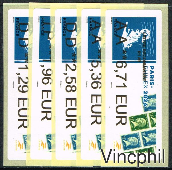 05/2024 PARIS PHILEX PASTEUR 5 valeurs LETTRE VERTE 1.29, COMPL AFFRANCH LETTRE VERTE 1.29, INTERNATIONAL 1.96, LETTRE VERTE 100 gr 2.58, LR 1 5.36, LR1 AR 6.71