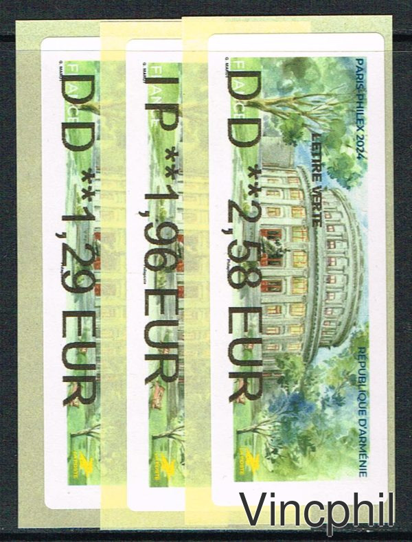 05/2024 ARMENIE 3 valeurs LETTRE VERTE 1.29, INTERNATIONAL 1.96, LETTRE VERTE 100 gr 2.58