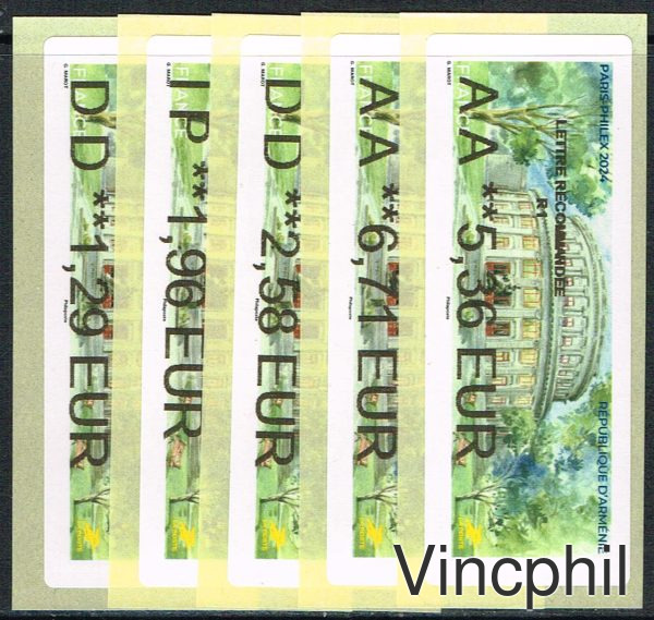 05/2024  ARMENIE   5 valeurs  LETTRE VERTE 1.29, COMPL AFFRANCH LETTRE VERTE 1.29, INTERNATIONAL 1.96, LETTRE VERTE 100 gr 2.58, LR 1 5.36, LR1 AR 6.71