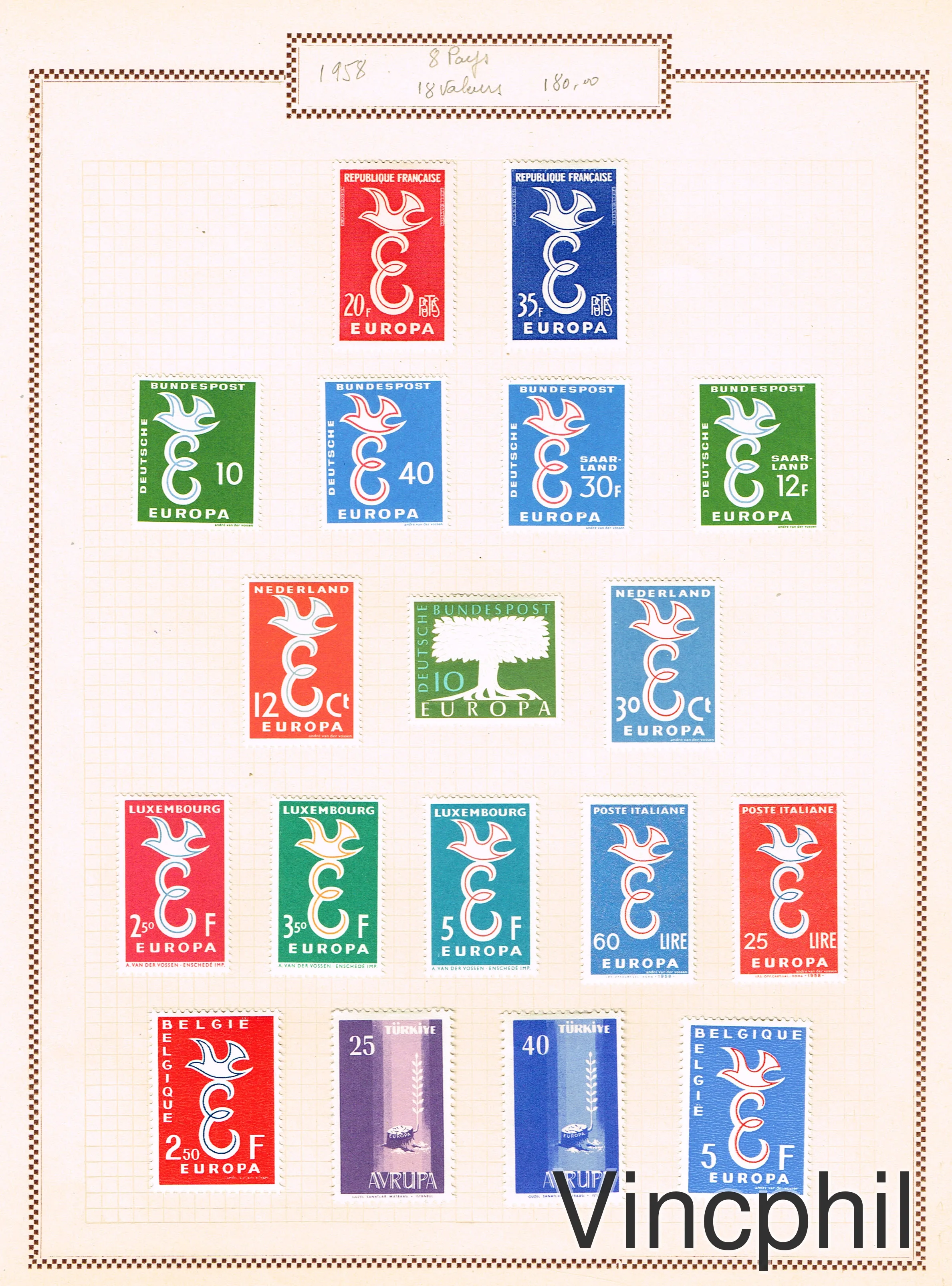 EUROPA 1958 a 1966 * sur feuilles quadrillées
