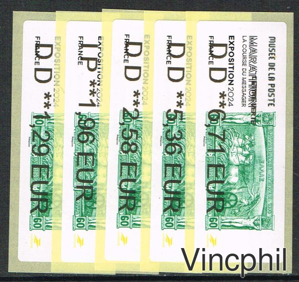09/2024 MARATHON 5 valeurs LETTRE VERTE 1.29, COMPL AFFRANCH LETTRE VERTE 1.29, INTERNATIONAL 1.96, LETTRE VERTE 100 gr 2.58, LR 1 5.36, LR1 AR 6.71